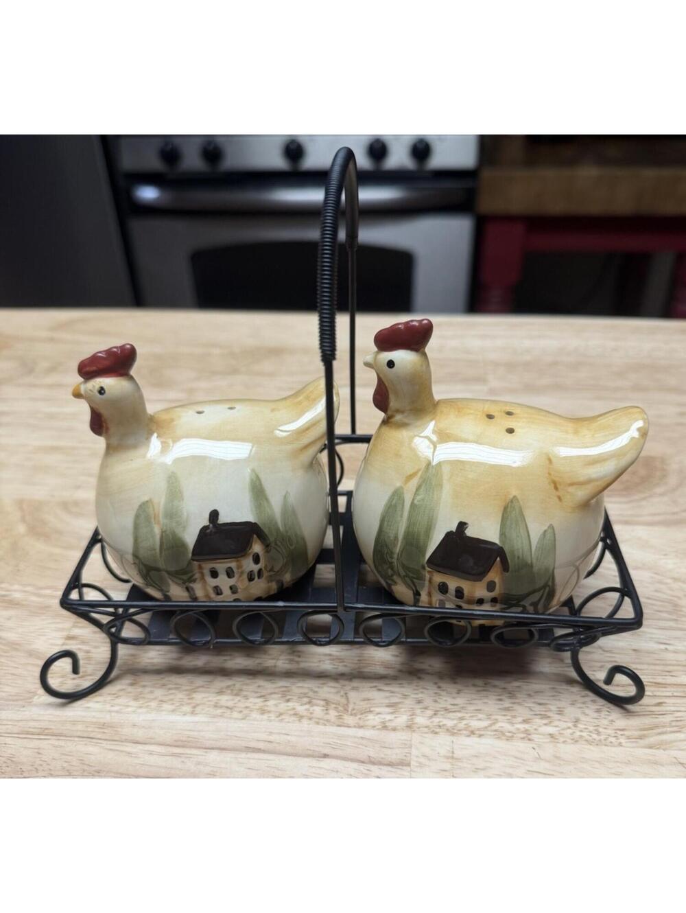 Chicken Rooster Ceramic Salt Pepper Shakers In Wired Basket Holder Farmhouse